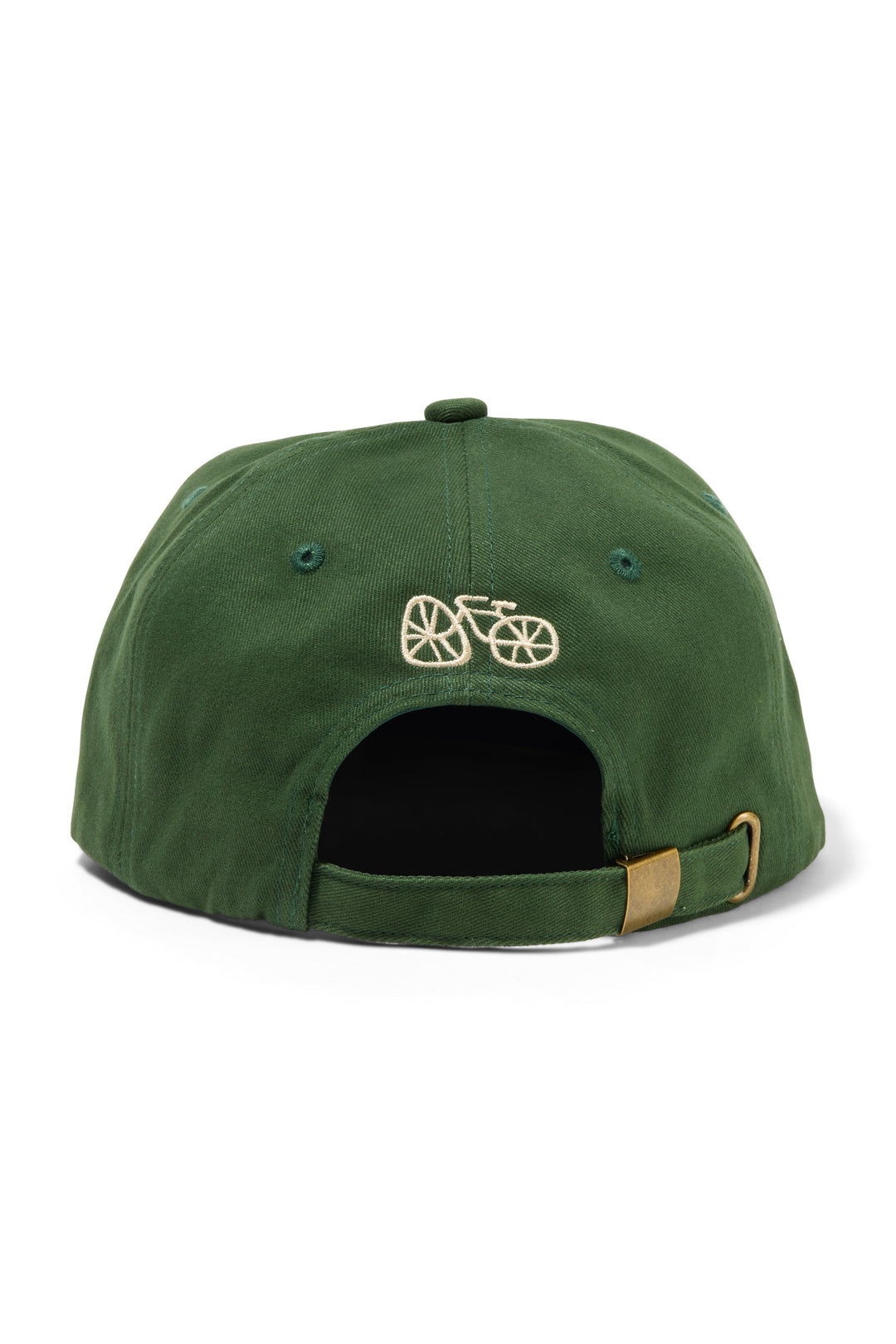 The I LIKE BIKE Hat is a green, 6-panel cap featuring the embroidered phrase "I LIKE BIKE" in white. It includes an adjustable fabric strap with a brass metal clasp for a customizable fit. Made from 100% cotton, this hat offers comfort and style for cycling enthusiasts