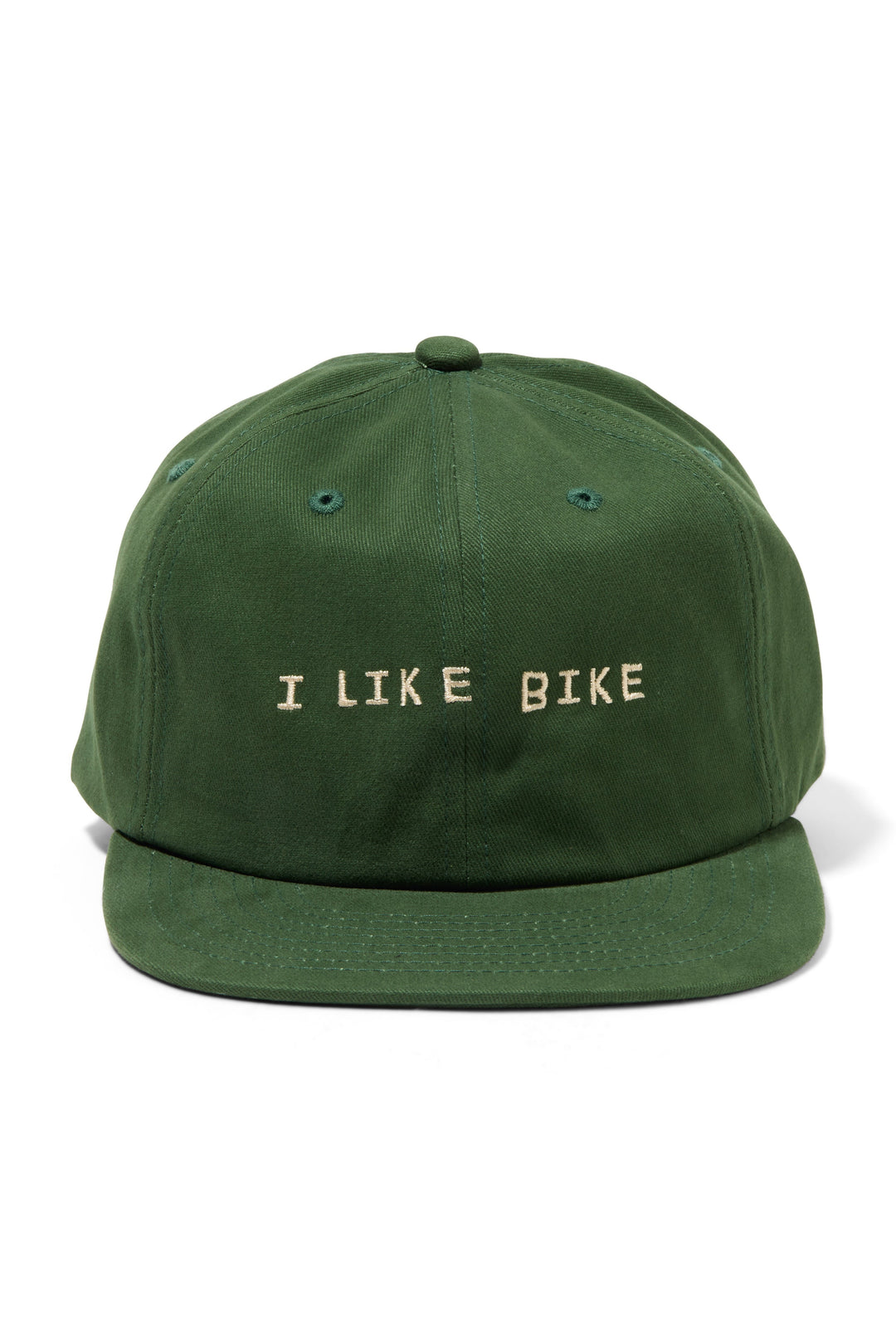 The I LIKE BIKE Hat is a green, 6-panel cap featuring the embroidered phrase "I LIKE BIKE" in white. It includes an adjustable fabric strap with a brass metal clasp for a customizable fit. Made from 100% cotton, this hat offers comfort and style for cycling enthusiasts