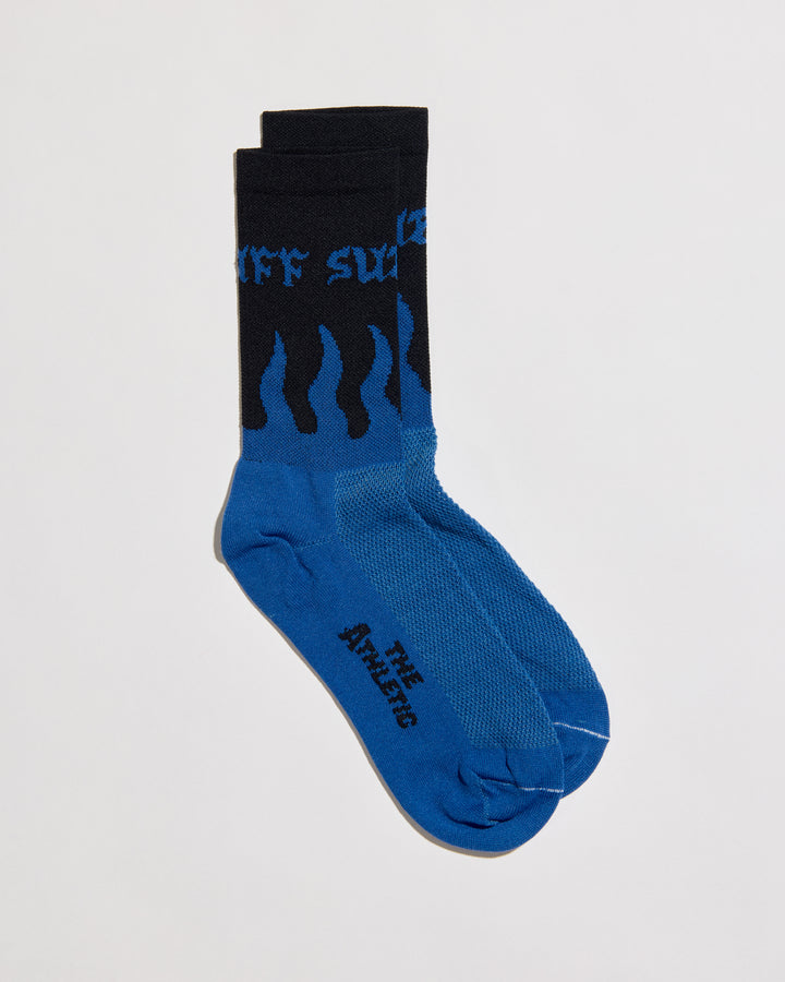 Black and blue flame socks with SUPER TUFF around the cuff.  6" cuff. Perfect for cycling, running, or the gym. Made in the USA with recycled fibers.