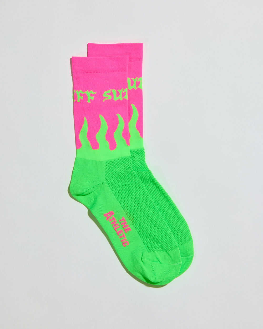 Neon pink and green flame socks with SUPER TUFF around the cuff.  6" cuff. Perfect for cycling, running, or the gym. Made in the USA with recycled fibers.