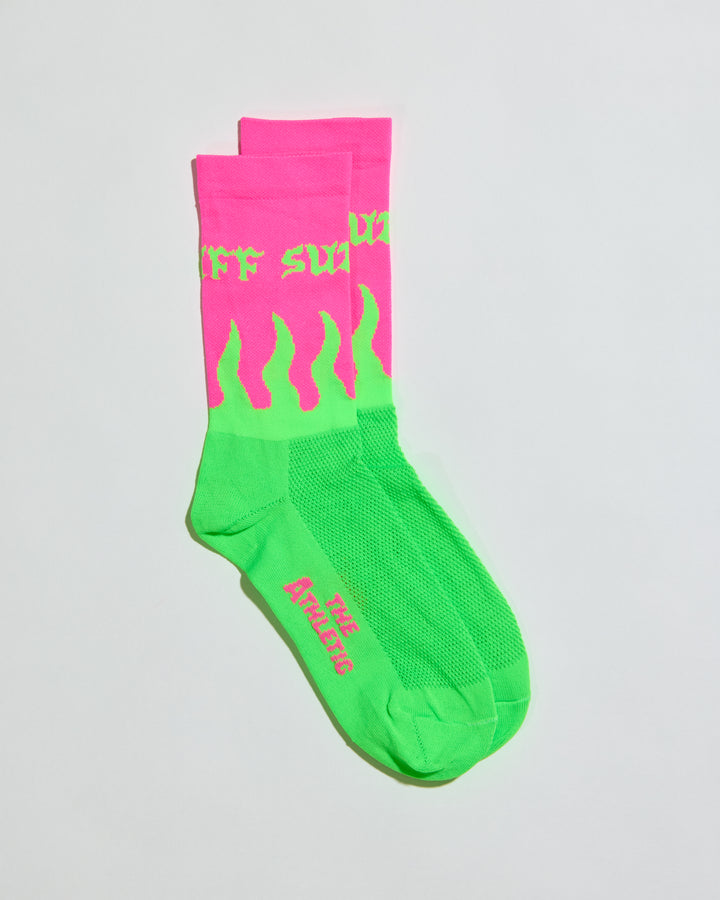 Neon pink and green flame socks with SUPER TUFF around the cuff.  6" cuff. Perfect for cycling, running, or the gym. Made in the USA with recycled fibers.