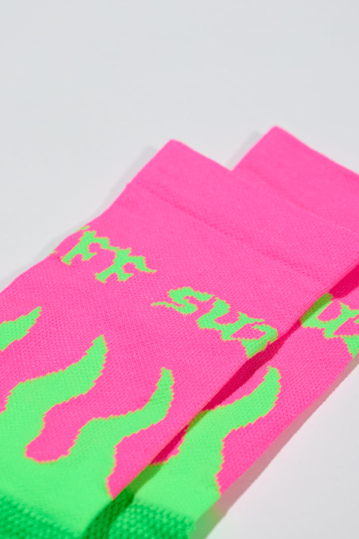 Flame socks with SUPER TUFF around the cuff.  6" cuff. Perfect for cycling, running, or the gym. Made in the USA with recycled fibers.