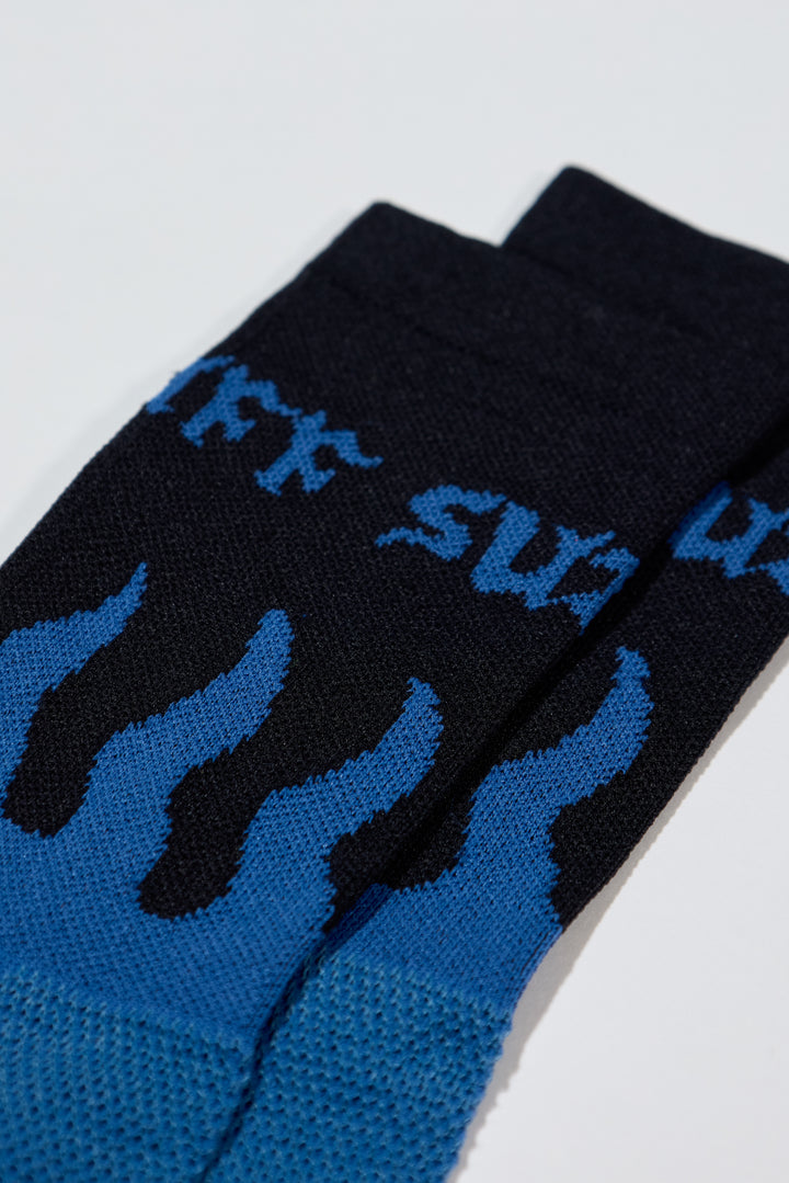 Flame socks with SUPER TUFF around the cuff.  6" cuff. Perfect for cycling, running, or the gym. Made in the USA with recycled fibers.