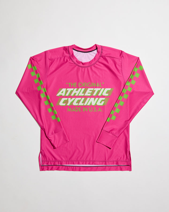 The Men's SUPER TUFF "The Original" Tech Shirt is a long-sleeve, moisture-wicking top designed for mountain biking, running, or road cycling. Made in the USA by Endo Customs, this versatile performance shirt offers comfort and durability for active people