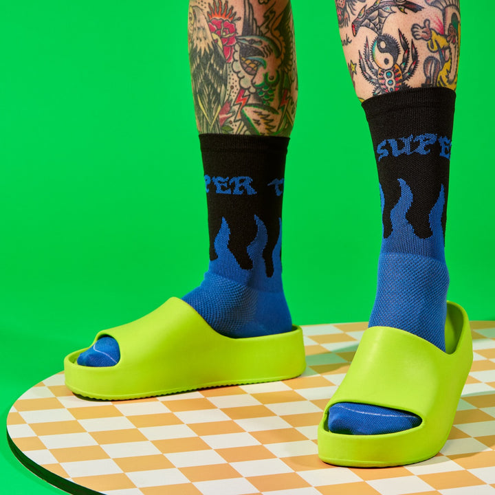 Flame socks with SUPER TUFF around the cuff.  6" cuff. Perfect for cycling, running, or the gym. Made in the USA with recycled fibers.