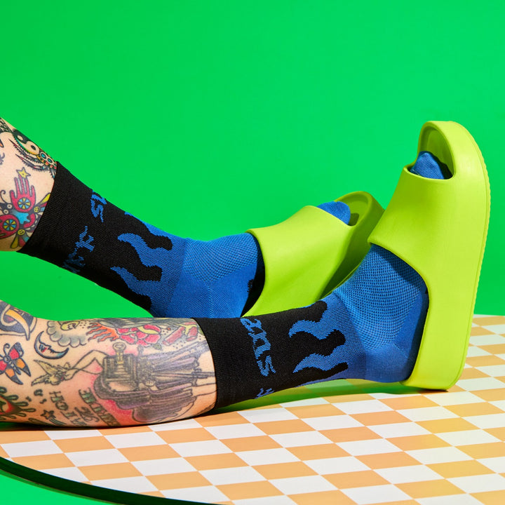 Flame socks with SUPER TUFF around the cuff.  6" cuff. Perfect for cycling, running, or the gym. Made in the USA with recycled fibers.
