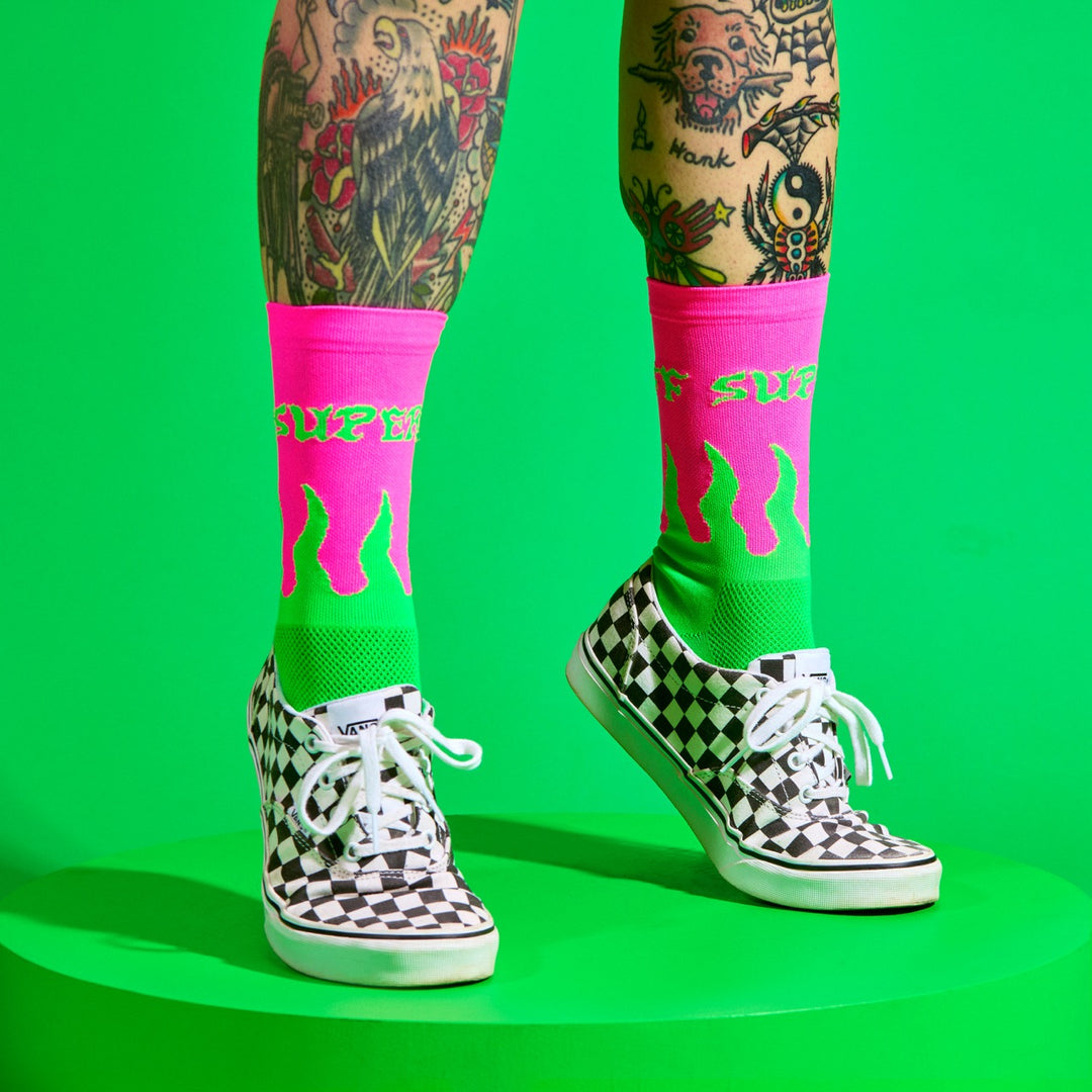 Flame socks with SUPER TUFF around the cuff.  6" cuff. Perfect for cycling, running, or the gym. Made in the USA with recycled fibers.