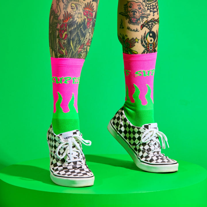 Flame socks with SUPER TUFF around the cuff.  6" cuff. Perfect for cycling, running, or the gym. Made in the USA with recycled fibers.