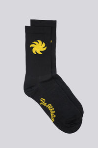 black socks with yellow sun on either side for running or cycling