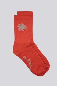 Orange socks with a khaki sun on either side for running or cycling