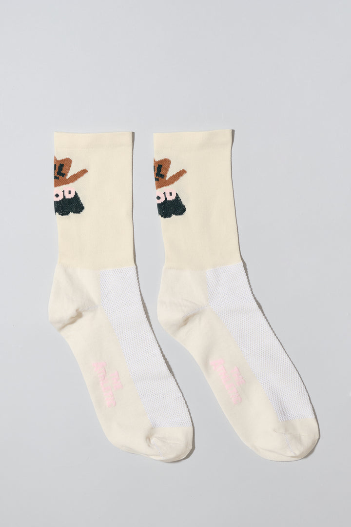 The ALL GOOD Cowboy Hat Socks are designed to add a touch of fun to your athletic wear, featuring a playful cowboy hat design. Ideal for cycling, running, and cross-training, these socks combine style and performance. Made in the USA with love, they offer both durability and comfort